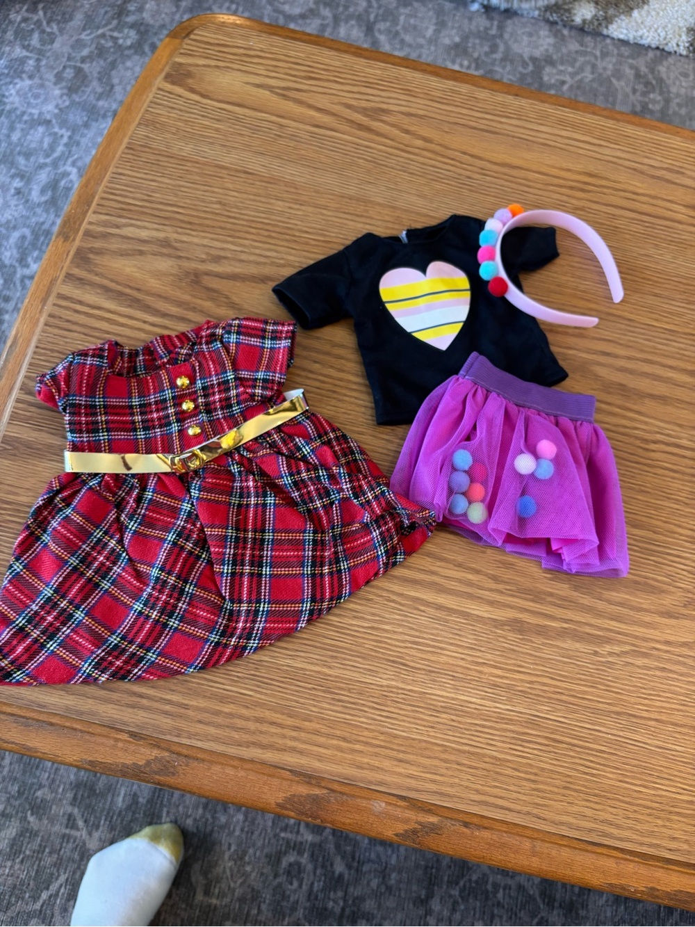 2 new Doll Outfits - Black Heart Tee, plaid Dress & Purple Tulle Skirt headband